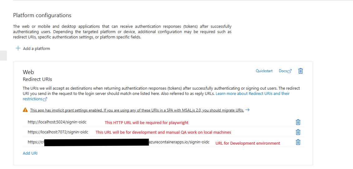 An example of the redirect URLs for a development environment's registration configuration