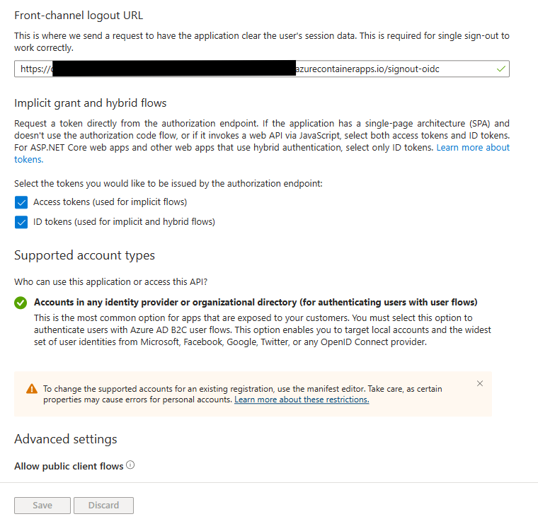 An example showing the checkboxes for the different implicit flows allowed and for the logout URL
